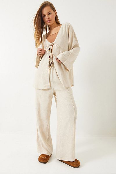 Bianco Lucci Women's Front Tie Bead Detailed Linen Bottom-Top Set 9262 60281010