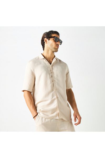 FAV Regular Fit Linen Blend Shirt with Short Sleeves and Button Placket