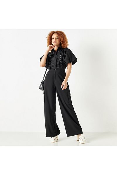 FAV Crystal Embellished Button Up Top with Puff Sleeves