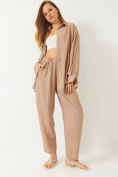 Bianco Lucci Women's Sieva Oversize Viscose Shirt and Pantalon Top and Bottom Set 9291 60281015