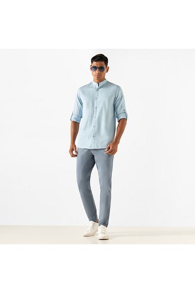 FAV Slim Fit Textured Mandarin Collar Long Sleeves Shirt with Button Closure