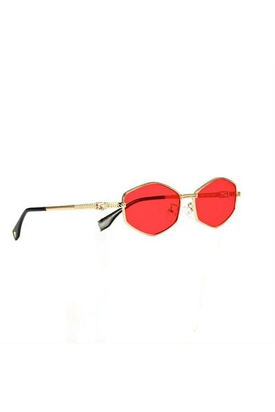 Köstebek Gold Horizontal Hexagonal Framed Red Lens Sunglasses