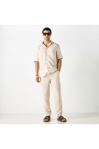 FAV Regular Fit Linen Blend Shirt with Short Sleeves and Button Placket