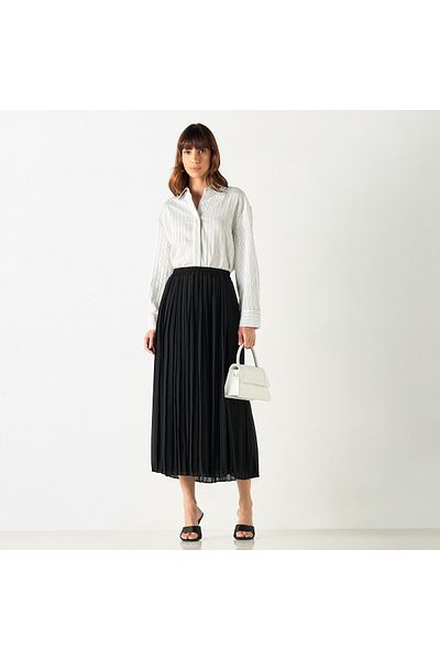FAV Striped High-Low Shirt with Collar and Long Sleeves