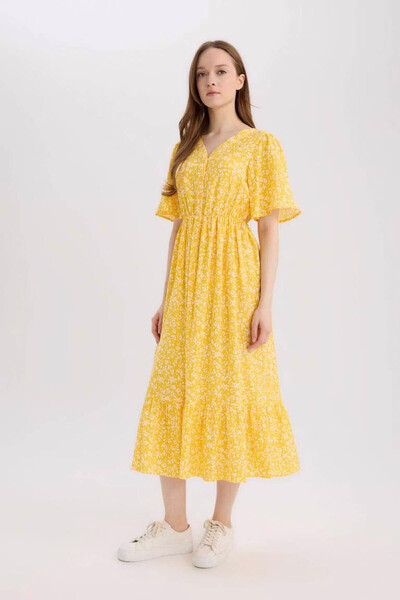 DeFacto Gelbes Damenkleid mit V-Ausschnitt und Muster in normaler Passform E8...