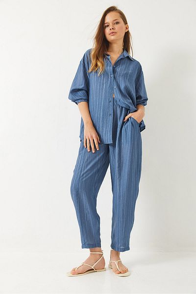 Bianco Lucci Women's Sieva Oversize Viscose Shirt and Pantalon Top and Bottom Set 9291 60281015