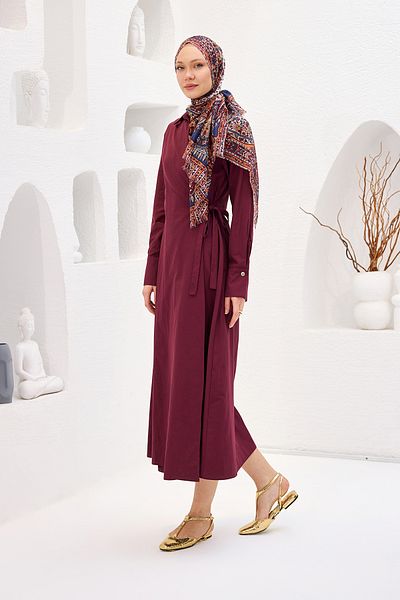 LOCCO Women's Poplin Side Tie Dress Burgundy