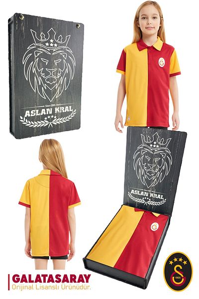 Galatasaray Original Licensed Match Day Polo Kids T-Shirt with Wooden Box