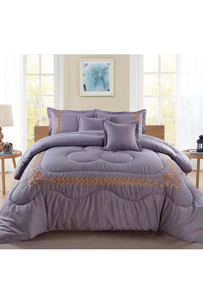 Comfy 6 PC EMBROIDERY FLORAL COTTON SOFT KINGSIZE COMFORTER SET LIGHT GREY
