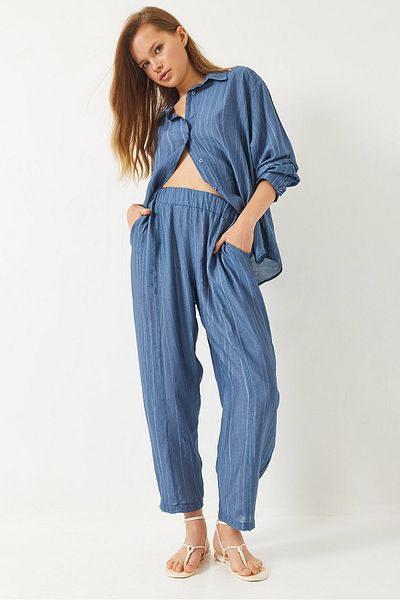 Bianco Lucci Women's Sieva Oversize Viscose Shirt and Pantalon Top and Bottom Set 9291 60281015