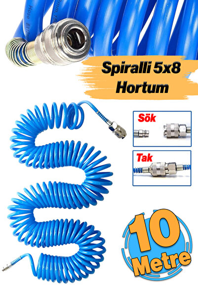Badem10 Spiralli 5x8 Polietilen Hava Hortumu 10 Metre Nipel Jaklı Esnek Kırıl...