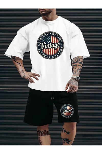 aynewmoda American Vintage Printed Summer Short Sleeve T-Shirt and Shorts Set