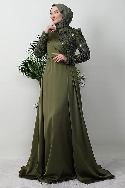 GİYZAMİLA Wise Hijab Evening Dress Khaki