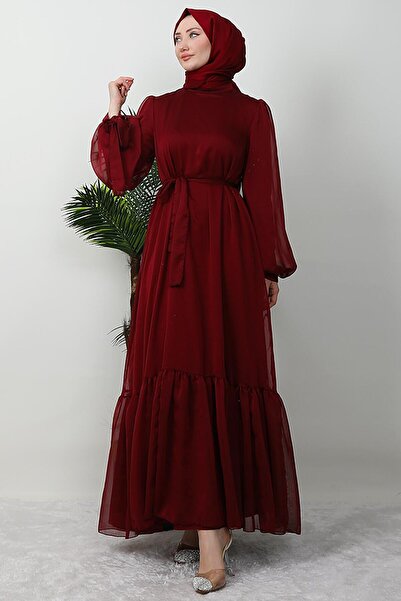 GİYZAMİLA Fırfır Detay Janjan Elbise Bordo