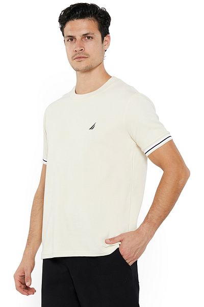 Nautica Mens Beige Round Neck Short Sleeve Tee, Lightweight Knit for All-Day Comfort & Effortless Style