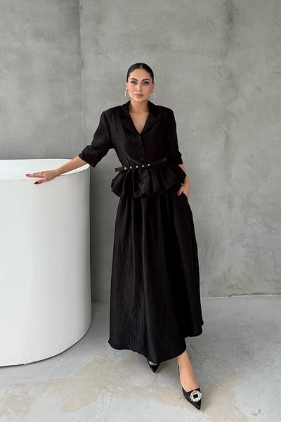 Seda Yalçın Atelier Slim Belted Ruffle Jacket and Skirt Black Set