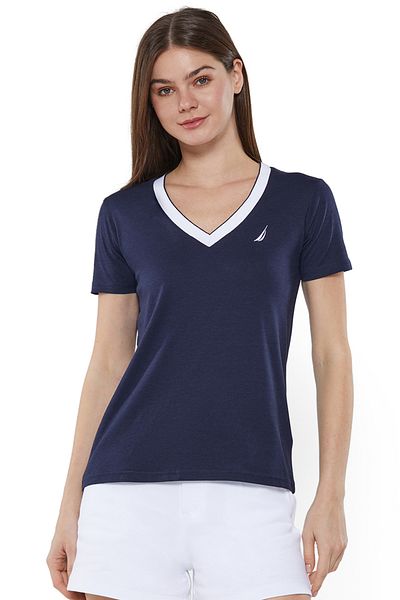 Nautica Women's Cotton and Viscose Dark Navy T-Shirt, Classic Essential for Casual Look