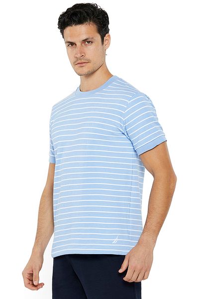 Nautica Men's White and Blue Striped Round Neck T-Shirt – Cotton Casual Classic Essential