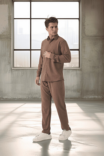 Valiberta Ανδρικό παντελόνι καφέ - Εφέ πλυσίματος Jacquard και ελαστικό