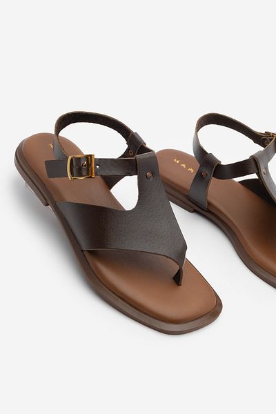 Marjin Women's Genuine Leather Flip Flops Daily Sandals Vomin Brown