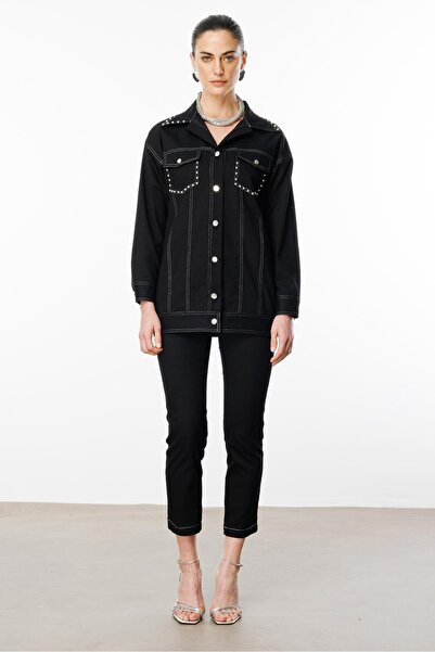 Moda İlgi Modailgi Yakası ve Cep Torbaları Zımba Detaylı Uzun Spor Ceket - 40101 Siyah