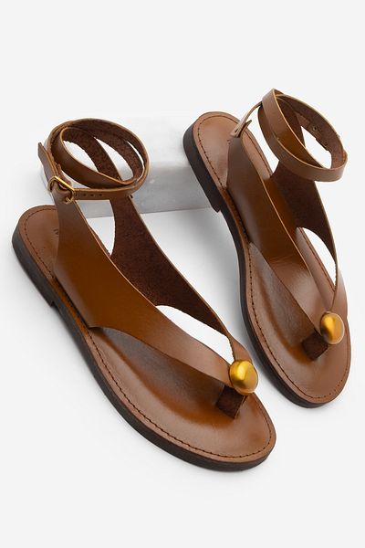 Marjin Dámské sandály na denní nošení z pravé kůže Ronta Tan Flip Flop s přezkou na kotník