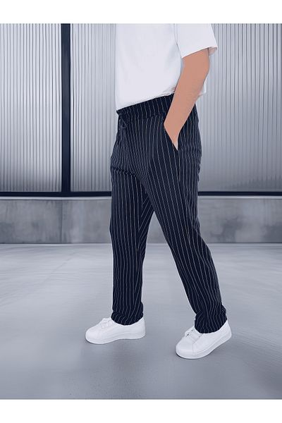 Valiberta Crepe Fabric Striped Comfortable Fit Men's Trousers - Navy Blue