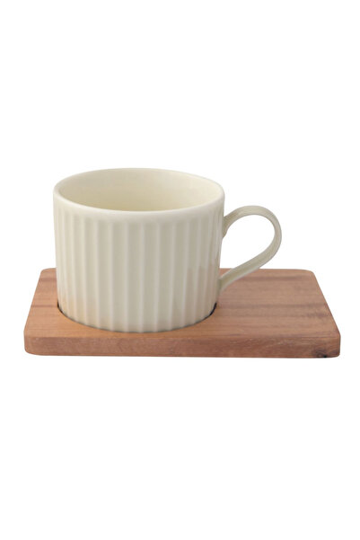 DR EASY LİFE Porcelain set of 2 250ml cups and plates in acacia wood, grey/green