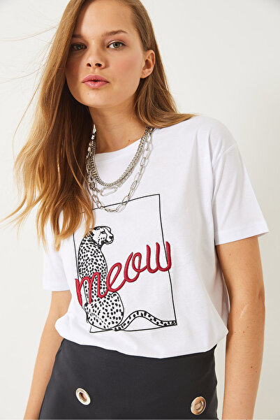 Bianco Lucci Damen-T-Shirt mit Leopardenmuster und Stickerei, kurzärmelig 60602018