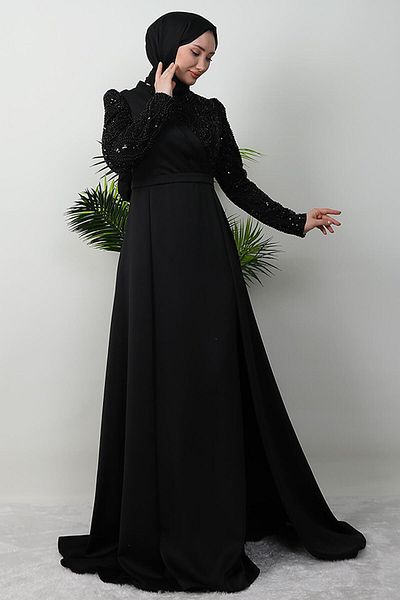 GİYZAMİLA Black Wise Hijab Evening Dress