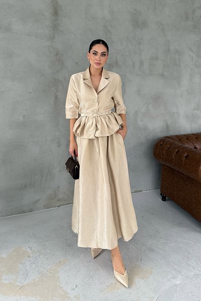 Seda Yalçın Atelier Beige Jacket and Skirt Set with Thin Belt Ruffles