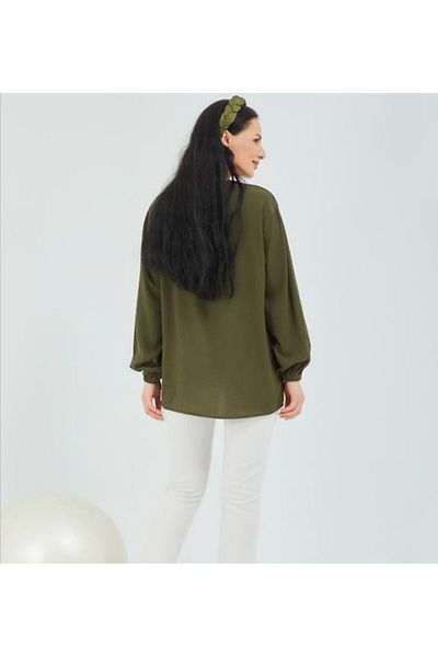 Elçelya Moda Γυναικεία Χακί Şile Ύφασμα Mother Χτενισμένη Βαμβακερή Μπλούζα