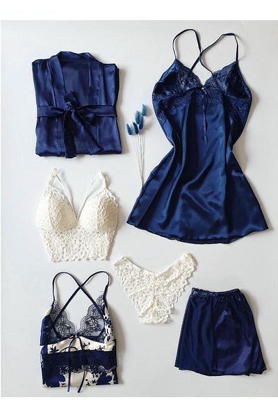 cdh çeyize dair herşey Set de 6 piese din satin pentru mireasa bleumarin 6829
