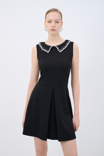 adL Yakası Taşlı Örme Elbise