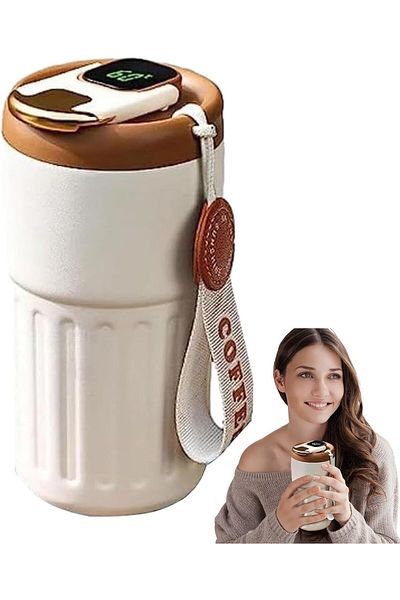 SEDEF SİLVER Digital Thermos with Graduation - 400 ml Stainless Steel Double Wall Vacuum Insulated Flask, Thermos Cup