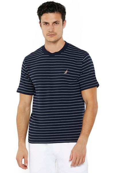 Nautica Men's Navy Striped Round Neck T-Shirt - Soft Cotton Knit For Trendy, Comfortable Everyday Look