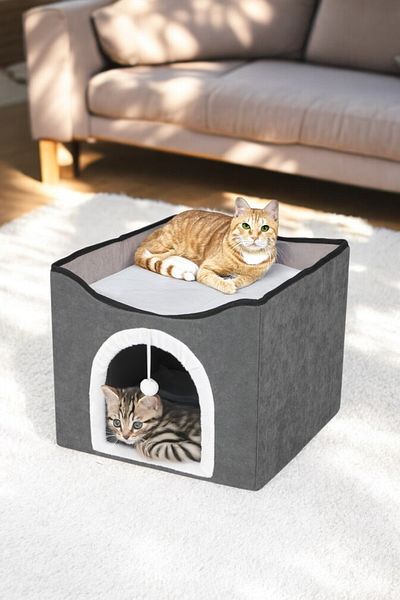 TİNEKE Folding Portable Function Cat House Bed Smoked