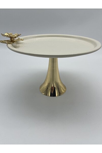 Fiyakalı Ürünler Atölyesi Footed Cream Round Metal Tea and Coffee Serving Tray, Pastry, Cake, Cookie, Dowry Presentation Tray