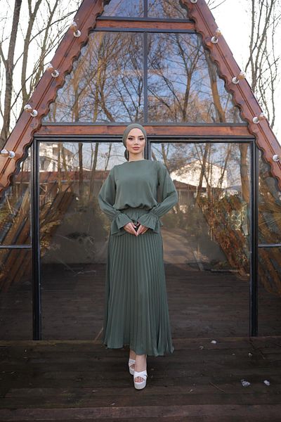 Nissra Ankanoor Light Khaki Pleated Skirt Suit Anka 255076