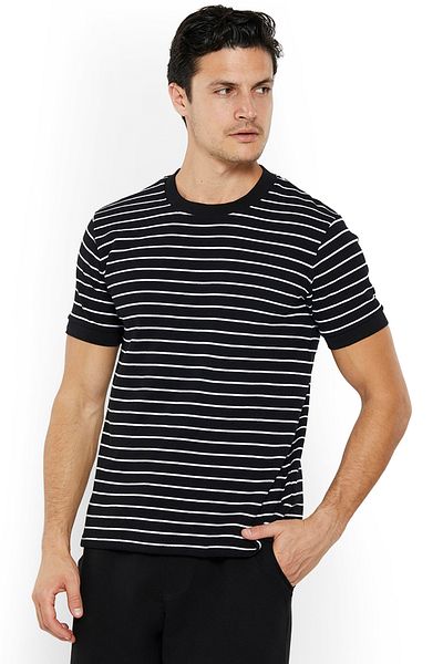 Nautica Men's White and Black Striped Round Neck T-Shirt – Cotton Casual Classic Essential