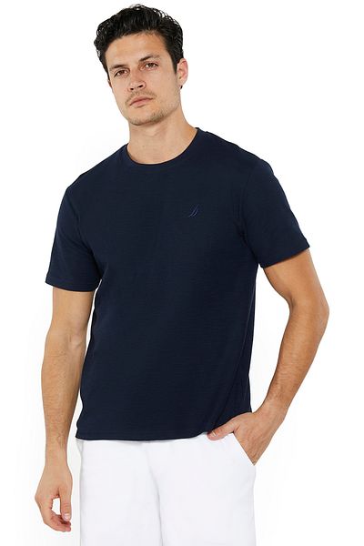 Nautica Men's Navy Blue Round Neck T Shirt—Modern Knit Design for Versatile Effortless Everyday Style