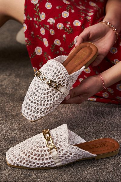 İmerShoes Zilnic Papuci de femei albi din paie Dantela cu lanturi Tricotati Toc mic Inchis fata Brodat Confortabil Lejer 273