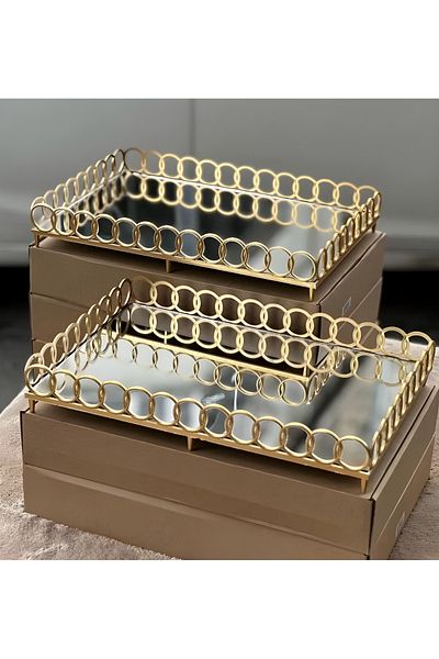 ASYA PAZARLAMA Mirrored Ring Tray - Gold Color Rectangular Presentation Tea and Coffee Tray