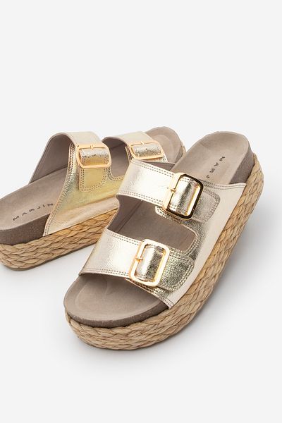 Marjin Damen-Hausschuhe mit dicker Strohsohle und doppeltem Riemen, Tesmo Gold