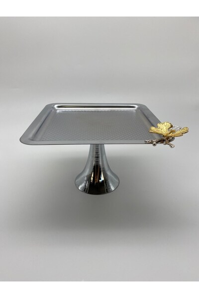 Fiyakalı Ürünler Atölyesi Standing Silver Square Metal Tea and Coffee Serving Tray, Cake, Cake, Cookie, Dowry Presentation Tray