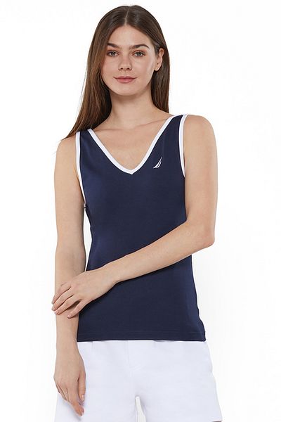 Nautica Women's Cotton Dark Navy Plain V-Neck Vest - Comfortable for Everyday Casual Look