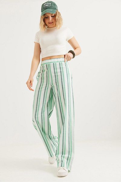 CALİENTE Elastic Waist Relaxed Cut Linen Trousers Green