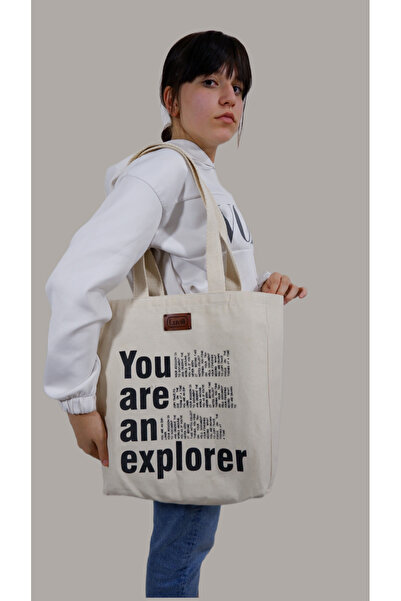 Luvili Baskılı Körüklü Kanvas Bez Çanta, You Are An Explorer Çanta