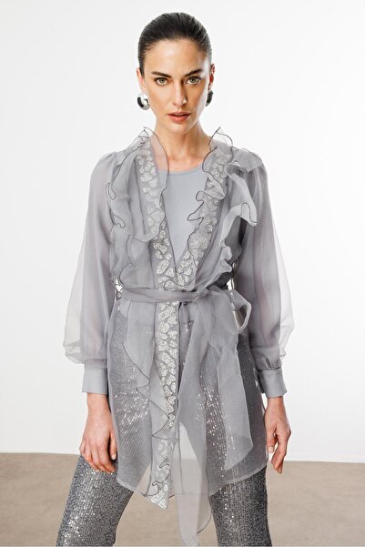 Moda İlgi Modailgi Yakası Taşlı Volanlı Uzun Organze Tunik Gri