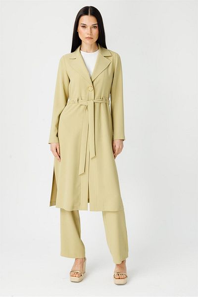 Esswaap Pistachio Green Crepe Long Jacket - Drawstring Detail